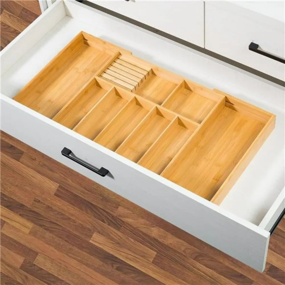 Extra large bamboo silverware drawer organizer expandable utensil cutlery holder
